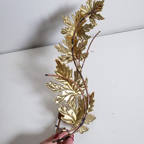 Vintage MCM Gold Metal Candle Holder Wall Scones Leaf Fall Wall Hanging Set Of 2 - Picture 5 of 12